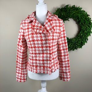 ANN TAYLOR | Red + White Houndstooth Blazer Moto S